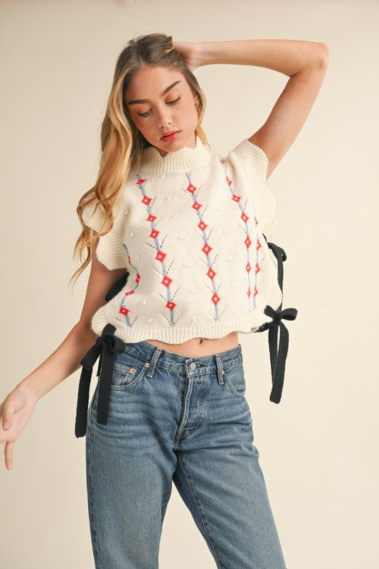 Cream Embroidered Knit Scallop Vest