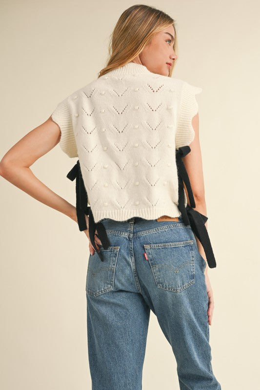 Cream Embroidered Knit Scallop Vest