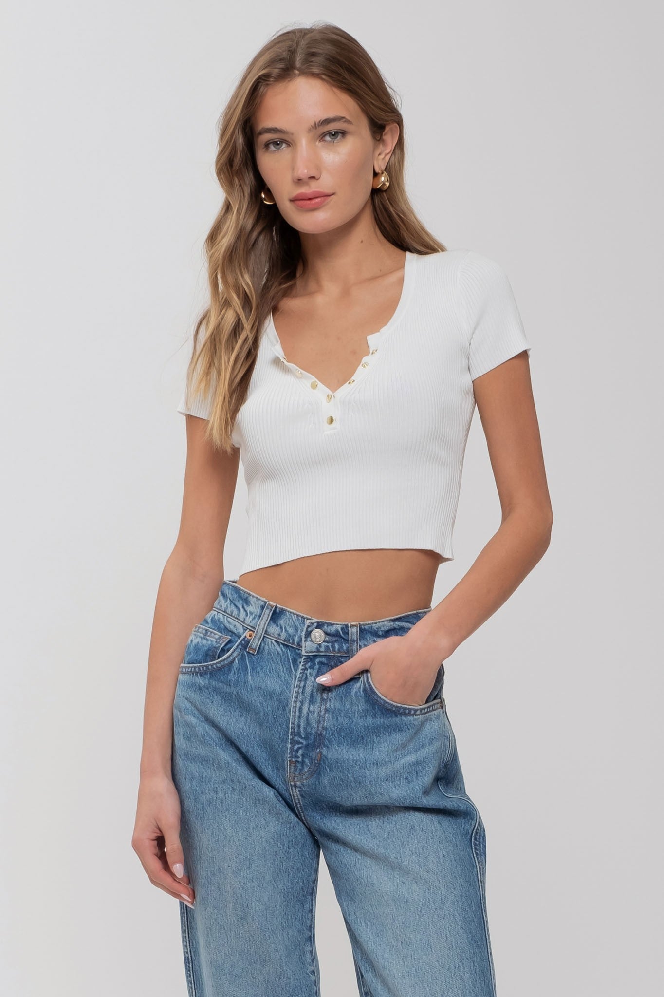 Beige Snap Button Crop Top