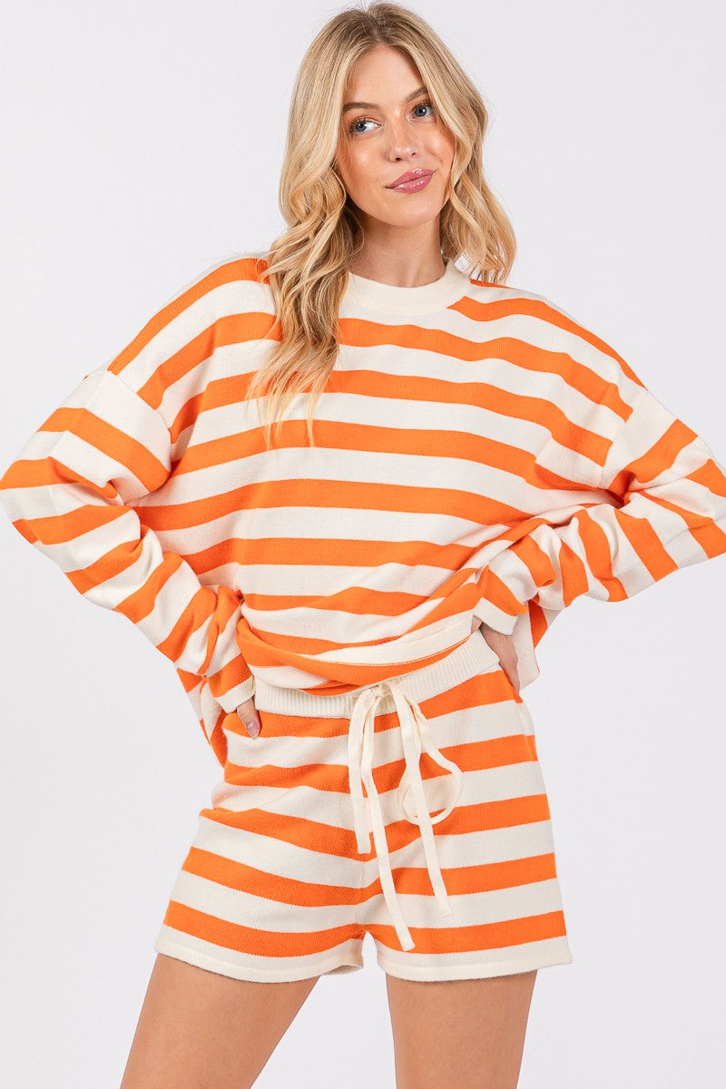 Orange Striped Sweater & Shorts Set