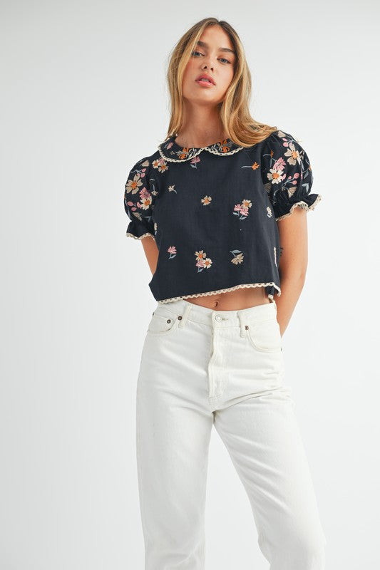 Black Floral Embroidered Collar Top