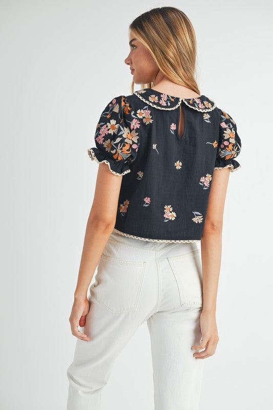 Black Floral Embroidered Collar Top