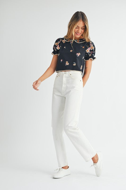 Black Floral Embroidered Collar Top