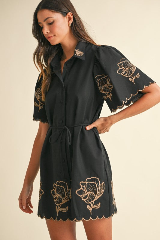 Black Embroidered Button Down Dress