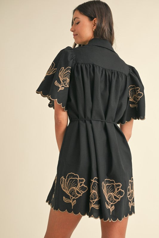 Black Embroidered Button Down Dress