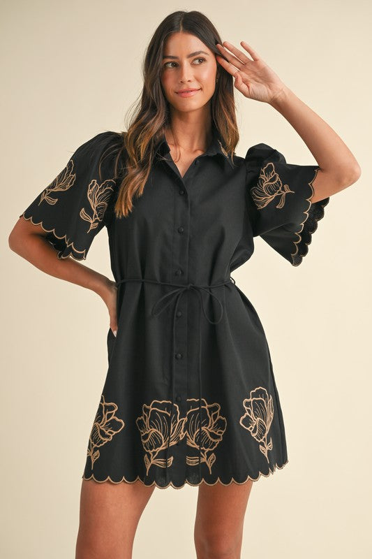 Black Embroidered Button Down Dress