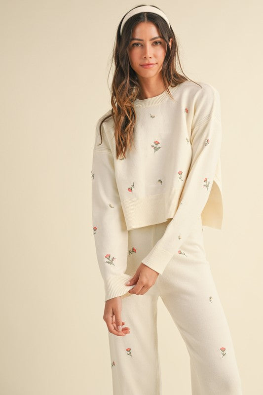 Cream Floral Sweater & Pants Set