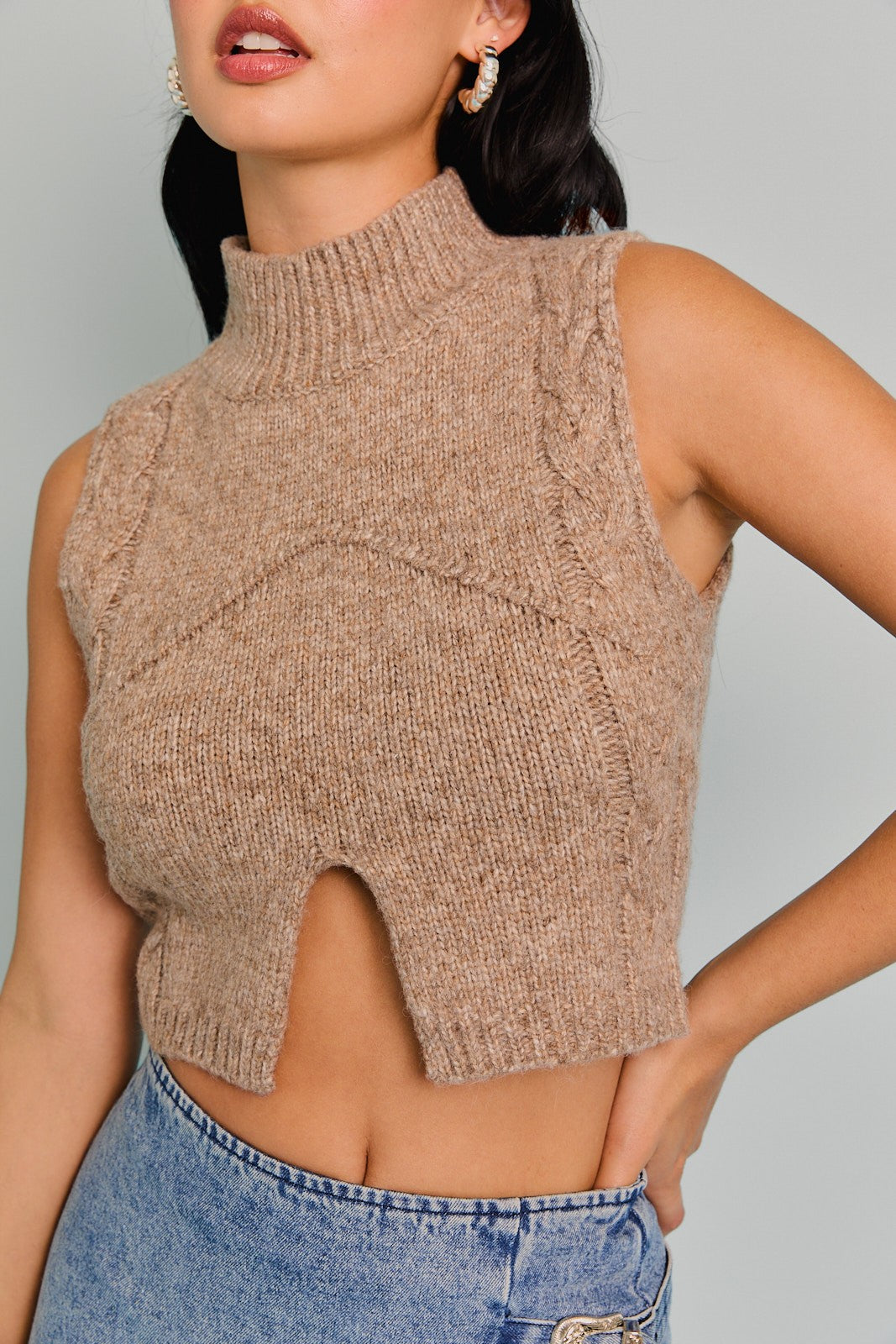 Mocha Mock Neck Cutout Crop Sweater