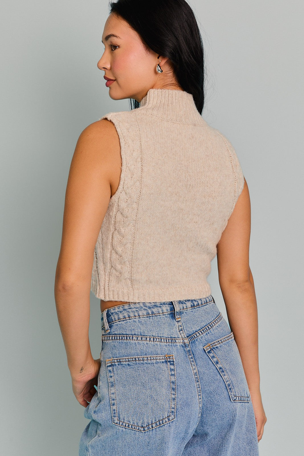 Cream Mock Neck Cutout Crop Sweater