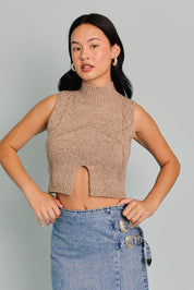 Mocha Mock Neck Cutout Crop Sweater