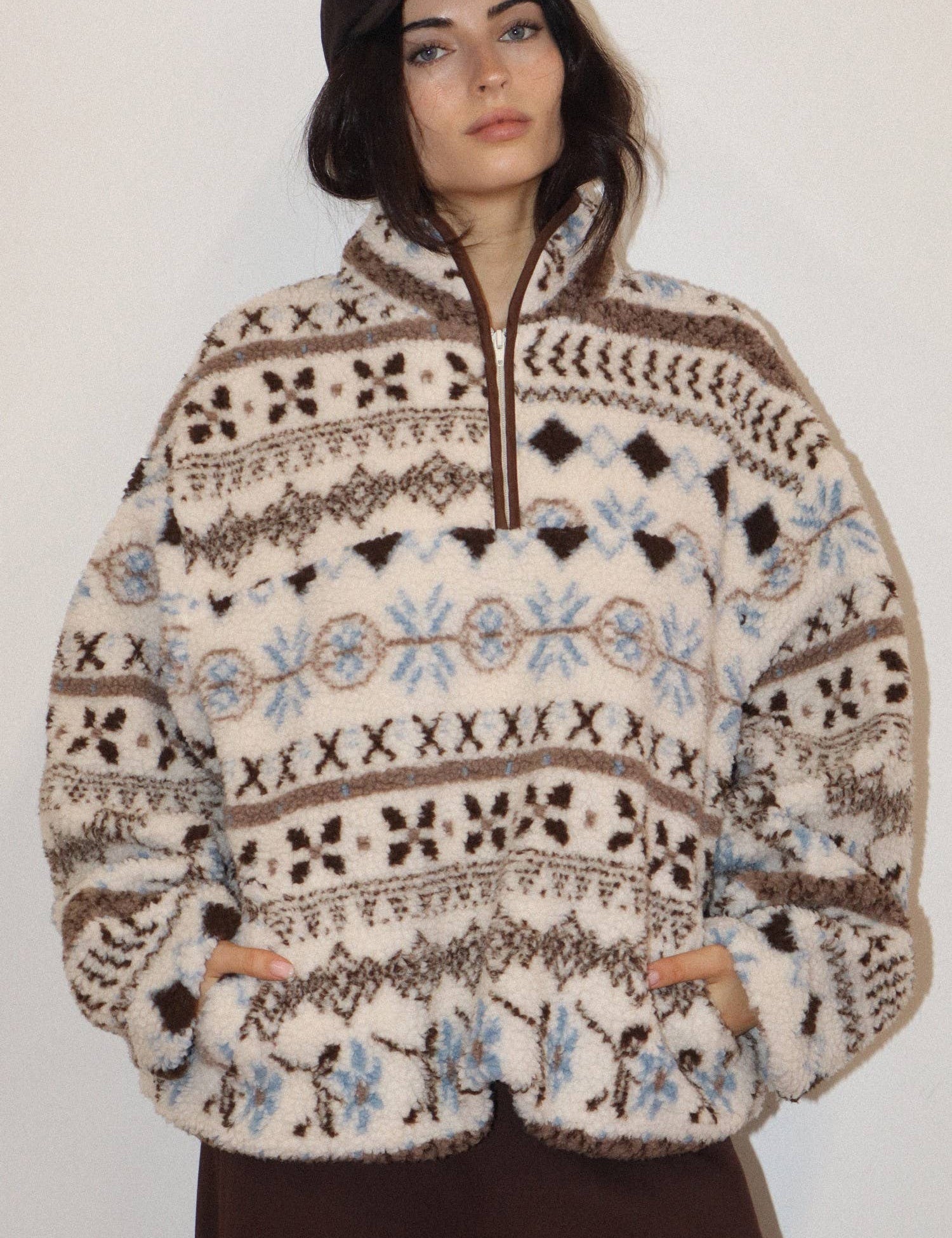 Cream Patterned Fleece Pullover — half zip and sherpa