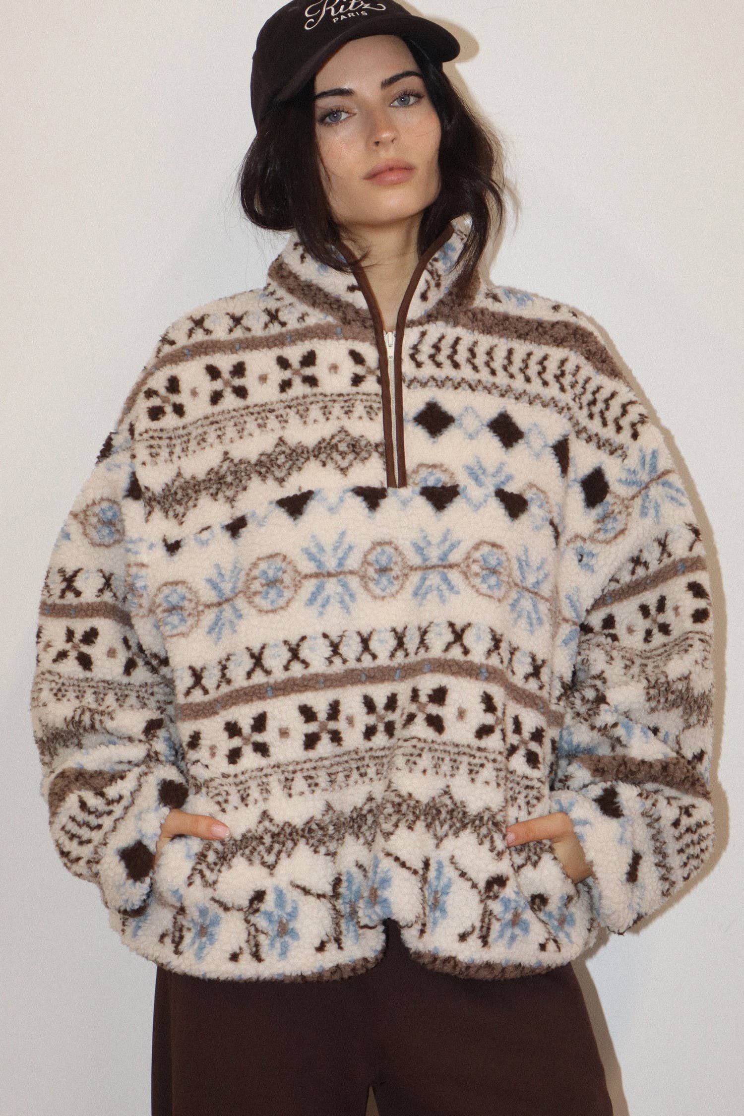 Cream Patterned Fleece Pullover — half zip and sherpa