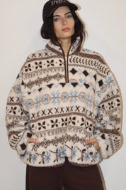 Cream Patterned Fleece Pullover — half zip and sherpa