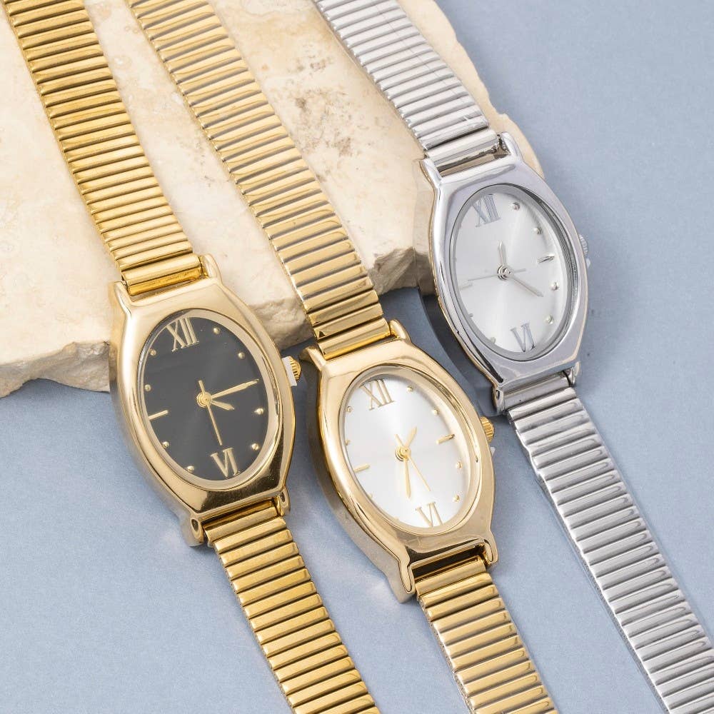 Snake Band Oval Style Watch — oval case with roman numeral markers and side crown for setting the time
