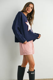 Navy Drop Shoulder Star Pattern Sweater