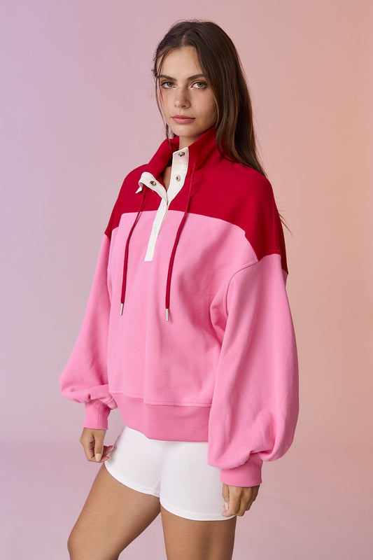 Pink & Red Half Snap Pullover