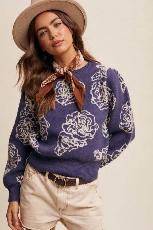 Blue Flower Knit Sweater