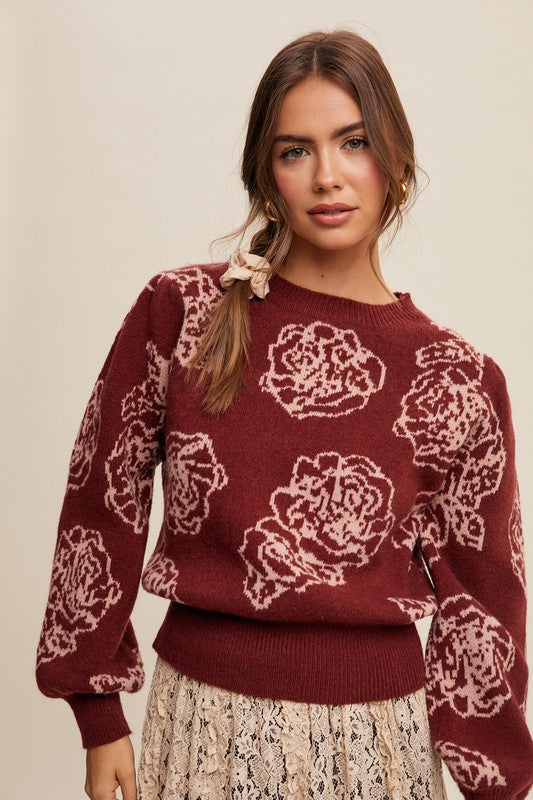 Crimson Flower Knit Sweater