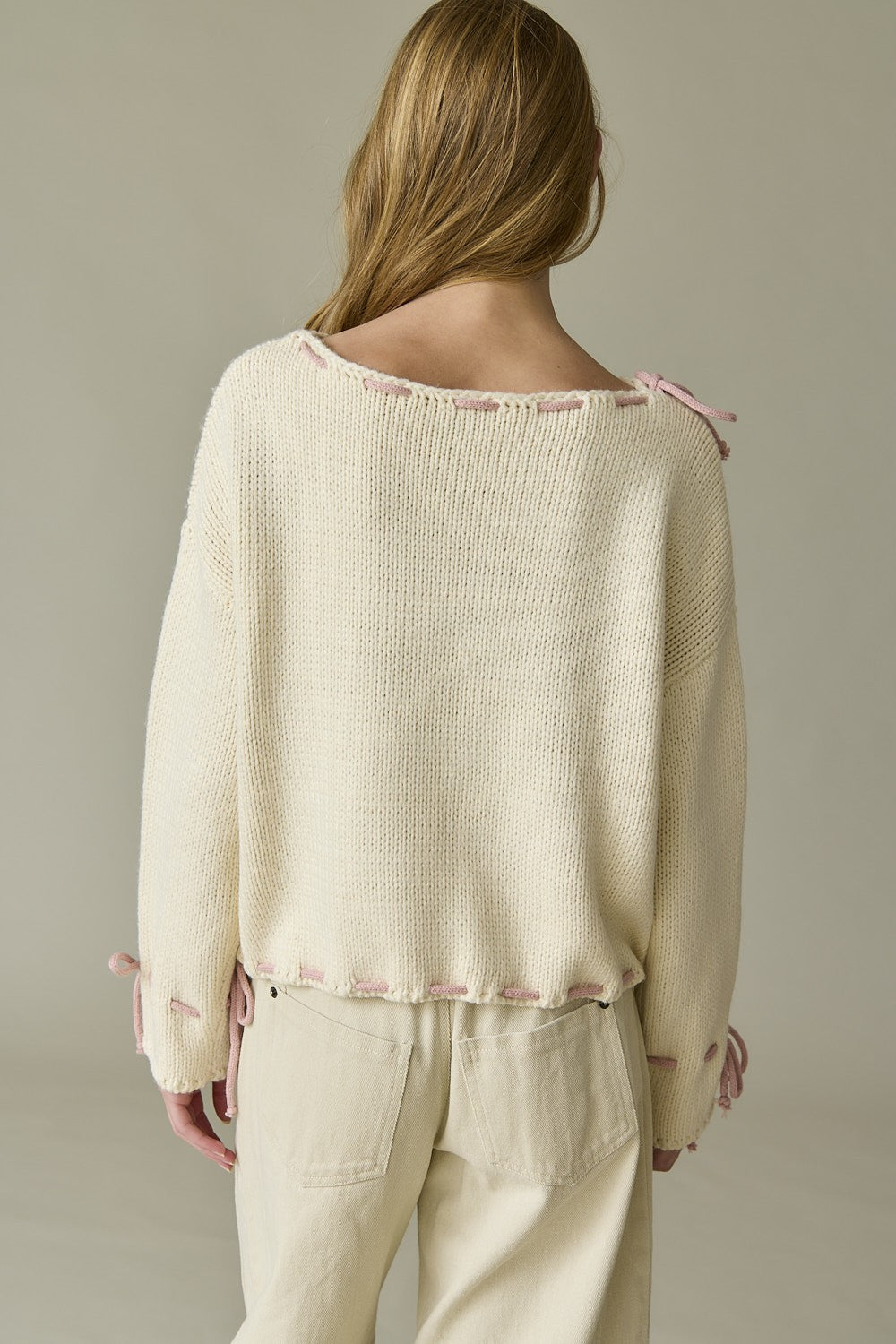 Cream Contrast Stitching Bow Sweater