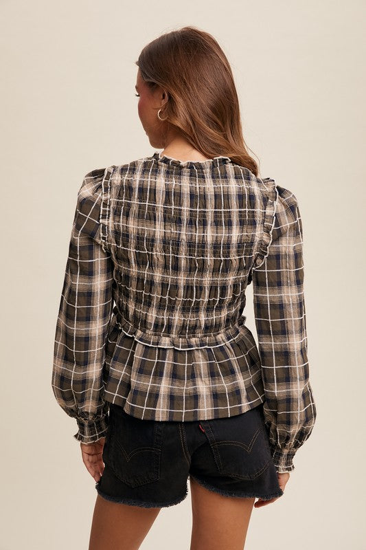 Black Plaid Long Sleeve Blouse