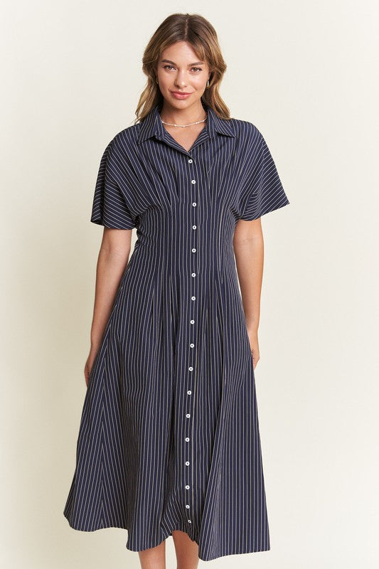 Navy Button Front Midi Dress