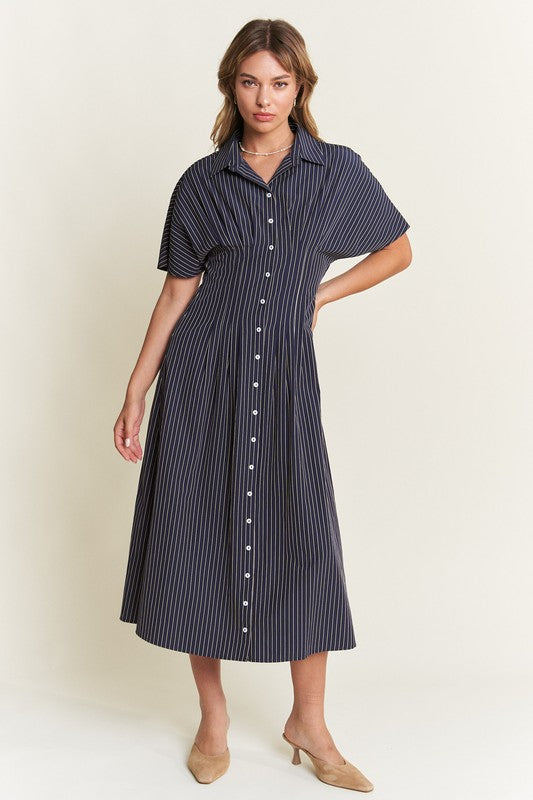 Navy Button Front Midi Dress