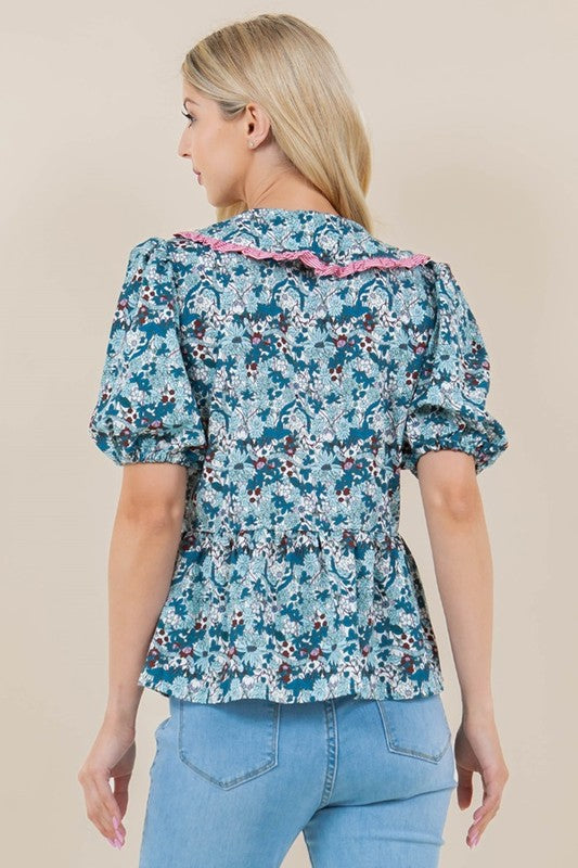 Green Floral Print Short Sleeve Top