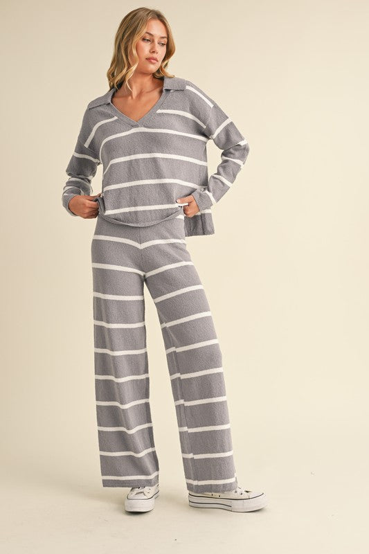 Gray Stripe Top & Pants Set