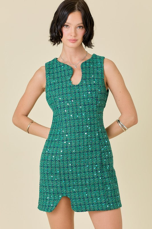 Green Sleeveless Tweed Mini Dress