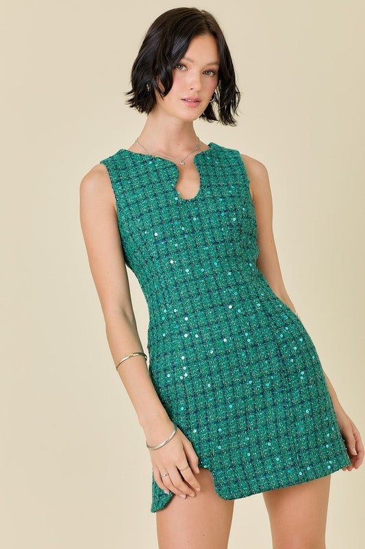 Green Sleeveless Tweed Mini Dress