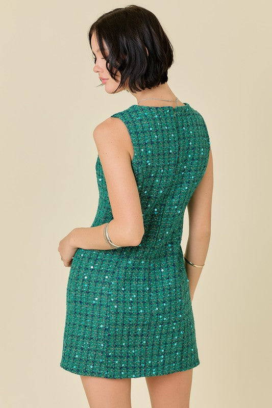 Green Sleeveless Tweed Mini Dress