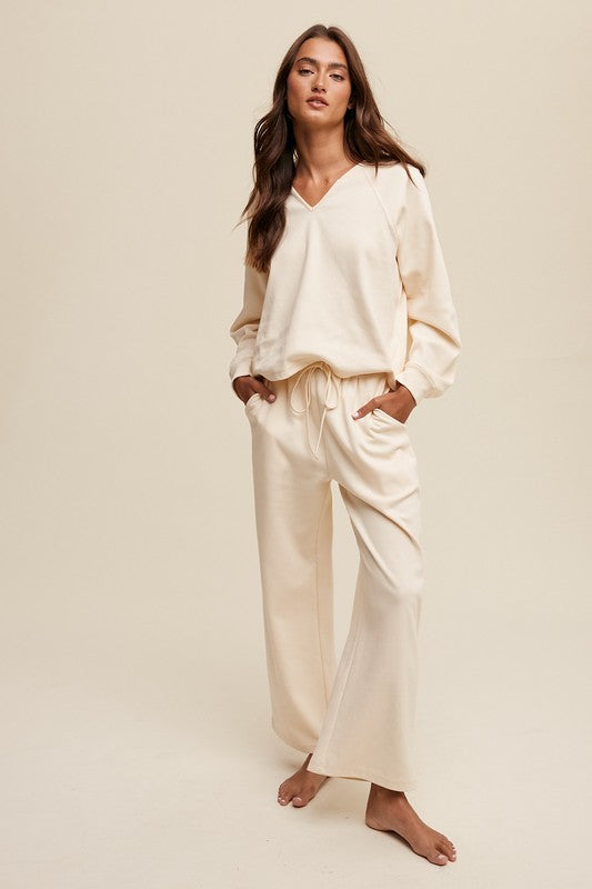 Cream V-neck Sweatshirt and Pants Set