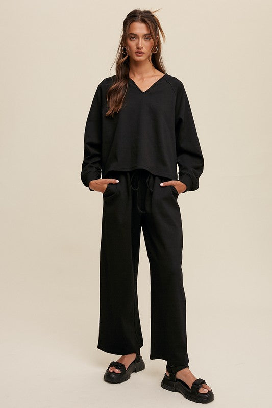 Black V-neck Sweatshirt and Pants Set