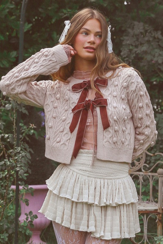 Pink Bow Tie Cable Knit Cardigan