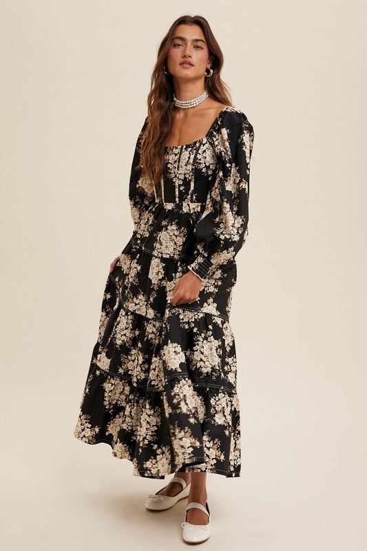 Black Floral Corset Maxi Dress