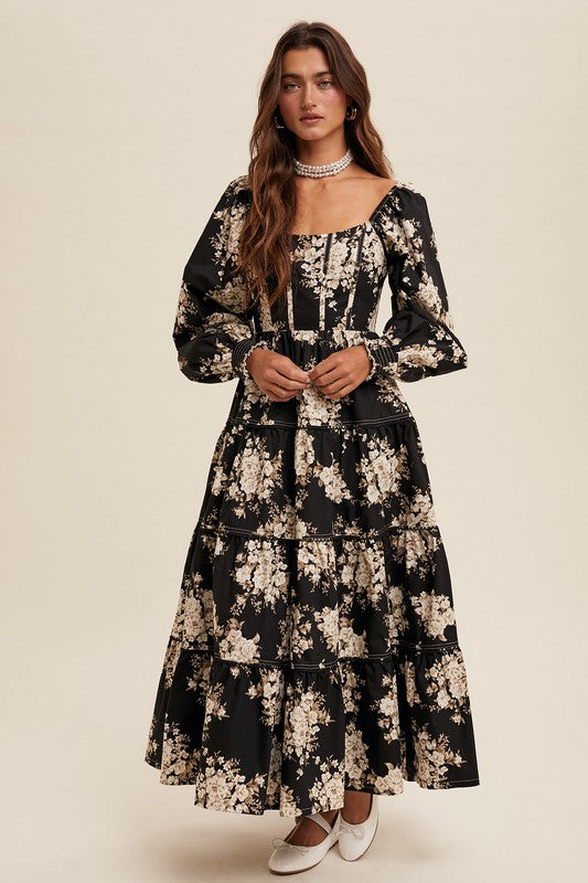 Black Floral Corset Maxi Dress