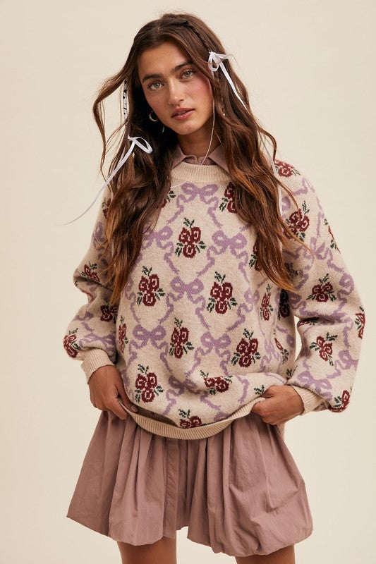 Cream Bow Flower Sweater