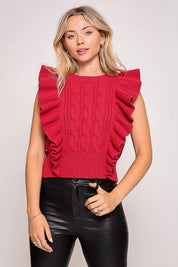 Red Ruffle Sleeve Cable Knit Sweater