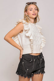 Ivory Ruffle Sleeve Cable Knit Sweater