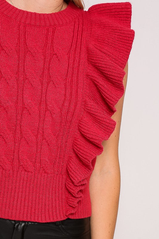 Red Ruffle Sleeve Cable Knit Sweater