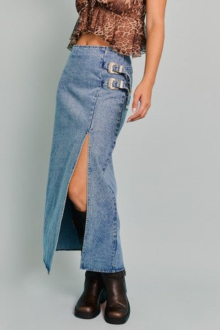 Double Buckle Denim Midi Skirt