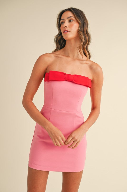 Pink Contrast Strapless Mini Dress