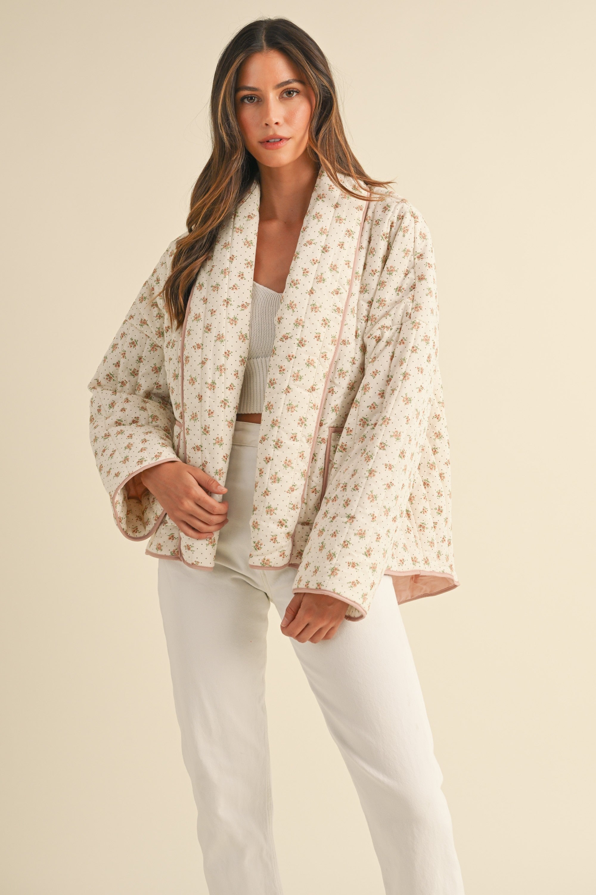 Pink Floral Printed Quilted Jacket