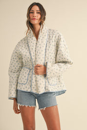 Blue Floral Printed Quilted Jacket