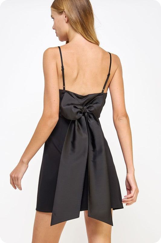 Black Satin Bow Mini Dress