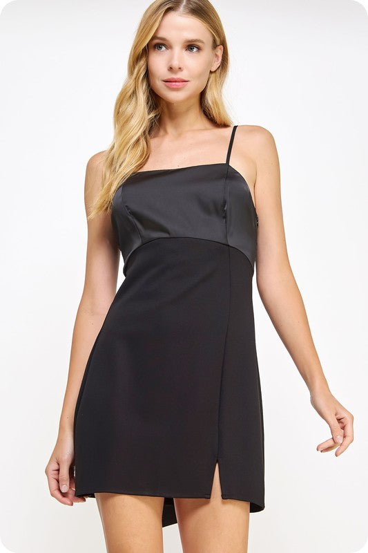 Black Satin Bow Mini Dress