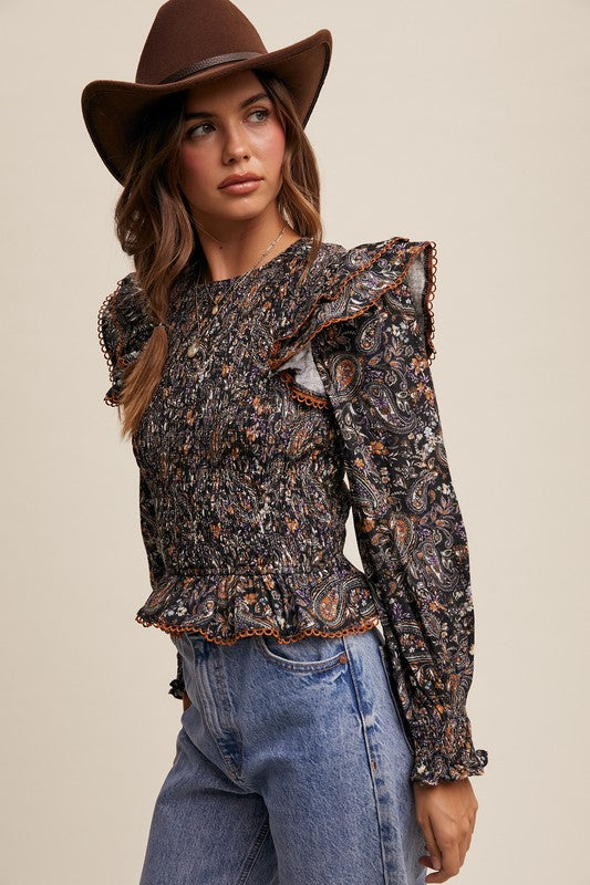 Black Paisley Ruffle Blouse