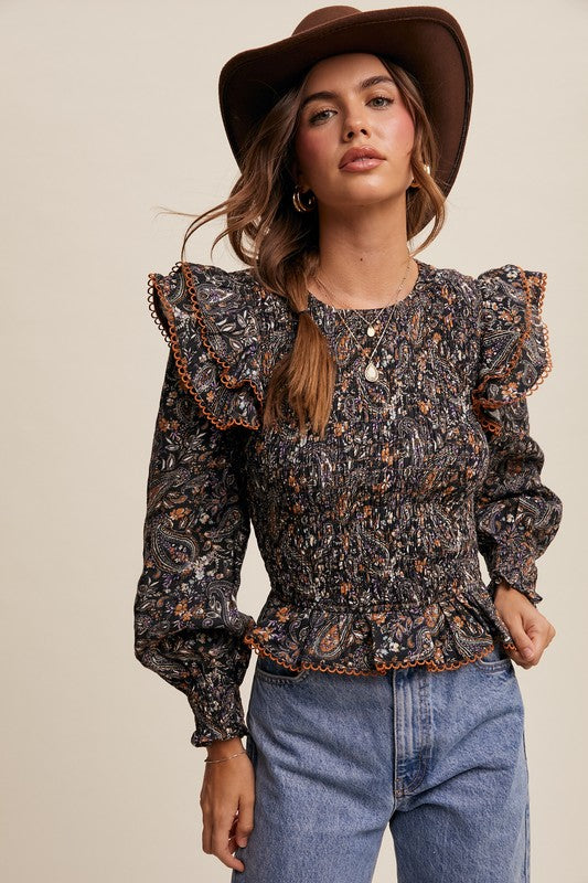 Black Paisley Ruffle Blouse