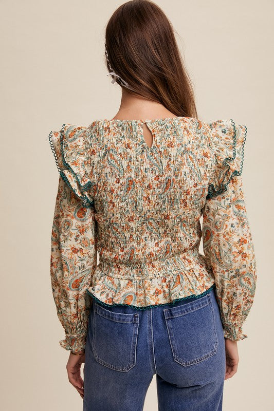 Cream Paisley Ruffle Blouse