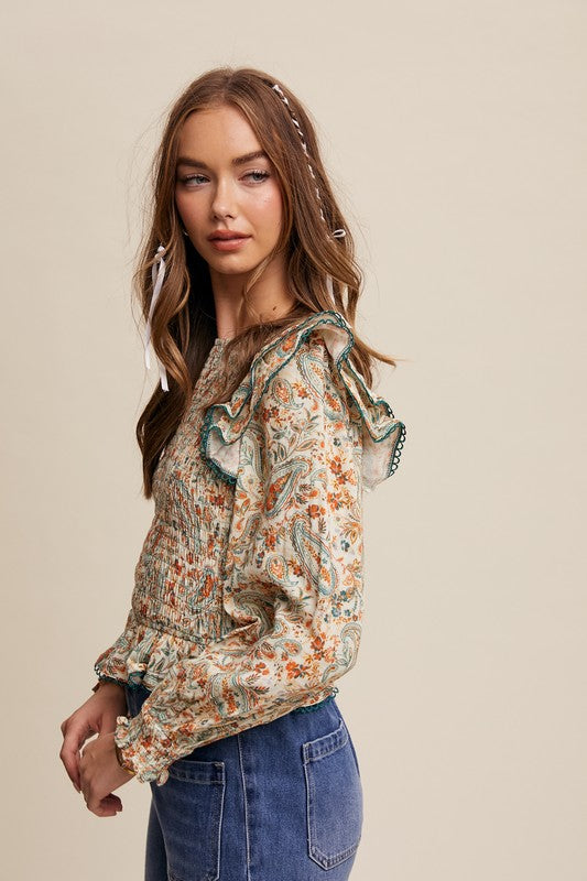 Cream Paisley Ruffle Blouse